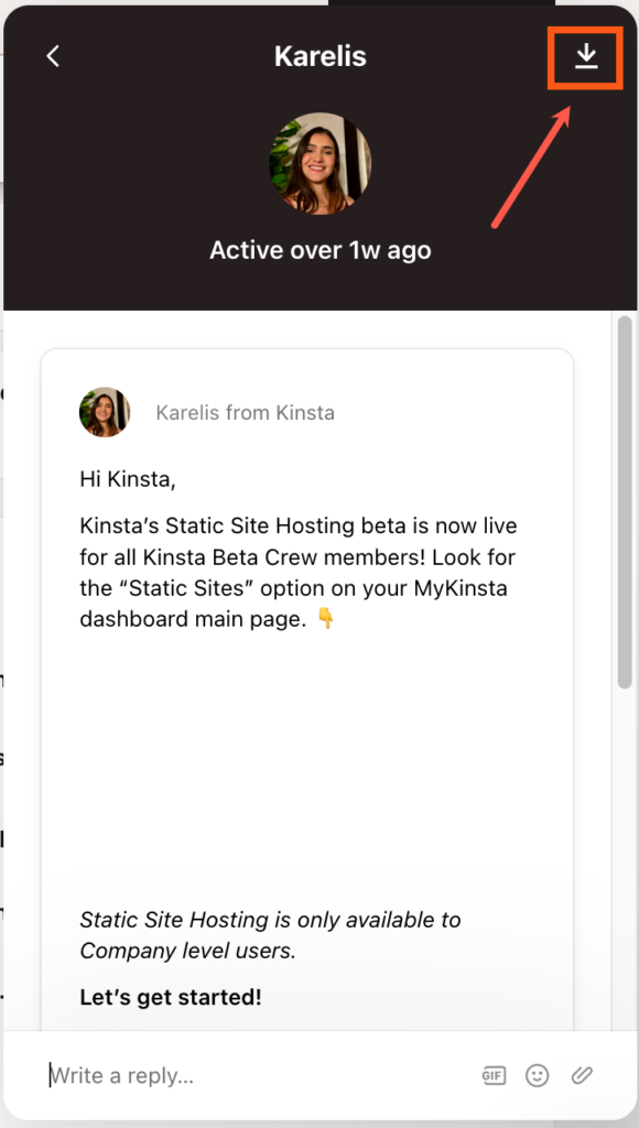 Click the down arrow (download) icon to save a transcript of your chat.